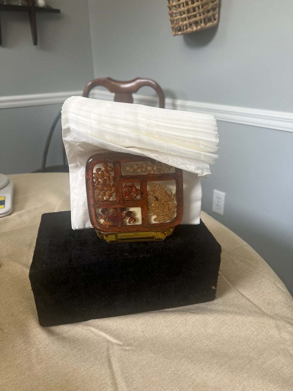 Cami Designs Vintage Lucite Napkin Holder with Embedded Seeds and Grains 4x4